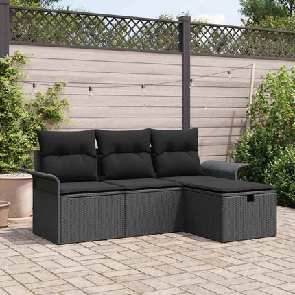 Trädgårdsoffset med kudde med lagring 4 pcs Svart Poly rattan