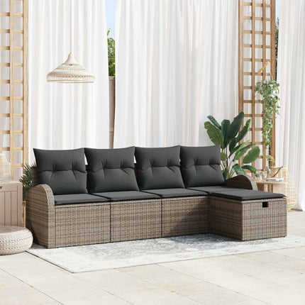Trädgårdsoffset med kudde med lagring 5 pcs Grå Poly rattan