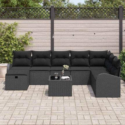 Trädgårdsoffset med kudde med lagring 9 pcs Svart Poly rattan