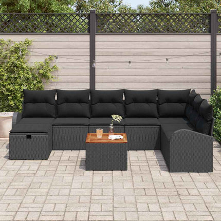 Trädgårdsoffset med kudde med lagring 9 pcs Svart Poly rattan