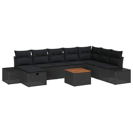 Trädgårdsoffset med kudde med lagring 9 pcs Svart Poly rattan