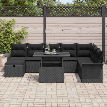 Trädgårdsoffset med kudde med lagring 9 pcs Svart Poly rattan