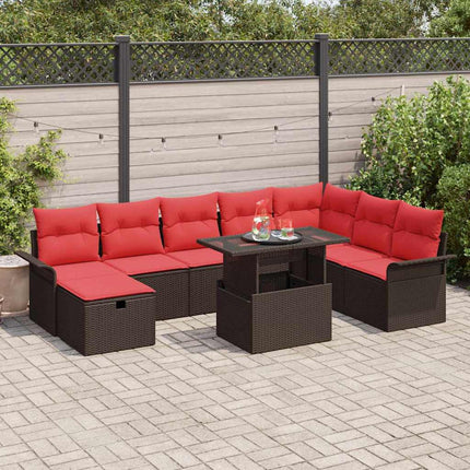 Trädgårdsoffset med kudde med lagring 9 pcs Brun Poly rattan