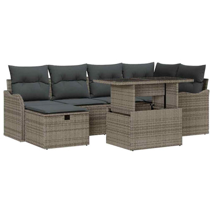 Trädgårdsoffset med kudde med lagring 7 pcs Grå Poly rattan