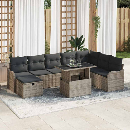 Trädgårdsoffset med kudde med lagring 9 pcs Grå Poly rattan