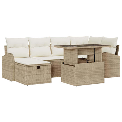 Trädgårdsoffset med kudde med lagring 7 pcs Beige Poly rattan