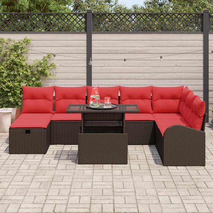 Trädgårdsoffset med kudde med lagring 9 pcs Brun Poly rattan