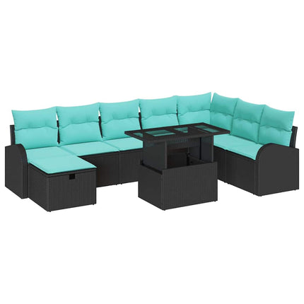 Trädgårdsoffset med kudde med lagring 9 pcs Svart Poly rattan