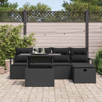 Trädgårdsoffset med kudde med lagring 6 pcs Svart Poly rattan