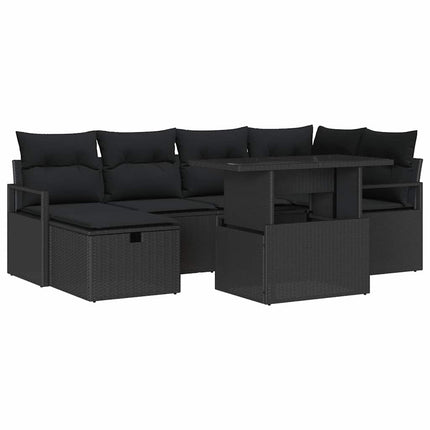 Trädgårdsoffset med kudde med lagring 7 pcs Svart Poly rattan