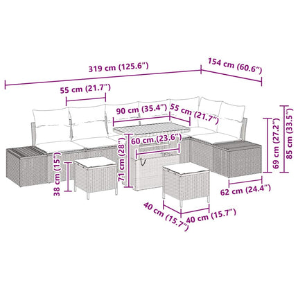 Trädgårdsoffset med kudde 9 pcs Beige konstrotting