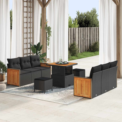Trädgårdsoffset 9 pcs Svart Poly Rattan och Pulverlackerad Stål