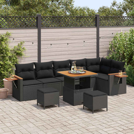 Trädgårdsoffset 9 pcs Svart Poly Rattan och Pulverlackerad Stål
