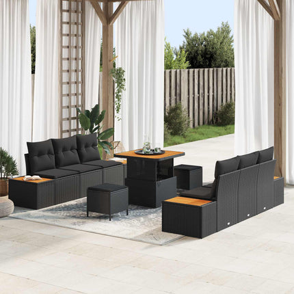 Trädgårdsoffset 9 pcs Svart Poly Rattan och Pulverlackerad Stål