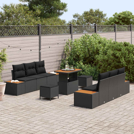 Trädgårdsoffset 9 pcs Svart Poly Rattan och Pulverlackerad Stål