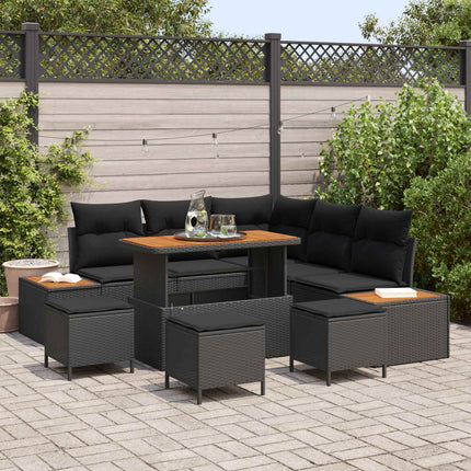 Trädgårdsoffset 9 pcs Svart Poly Rattan och Pulverlackerad Stål