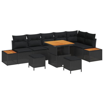 Trädgårdsoffset 9 pcs Svart Poly Rattan och Pulverlackerad Stål