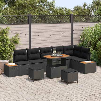 Trädgårdsoffset 9 pcs Svart Poly Rattan och Pulverlackerad Stål