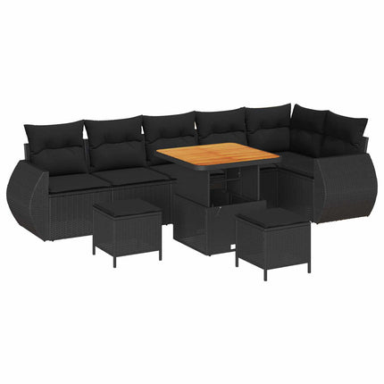 Trädgårdsoffset med kudde med lagring 9 pcs Svart Poly Rattan