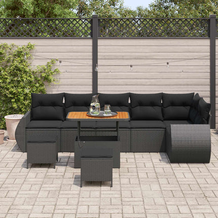 Trädgårdsoffset med kudde med lagring 9 pcs Svart Poly Rattan
