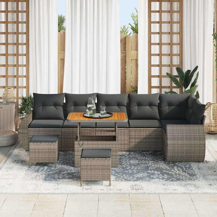 Trädgårdsoffset med kudde med lagring 9 pcs Grå Poly Rattan