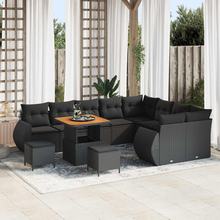 Trädgårdsoffset med kudde med lagring 12 pcs Svart Poly Rattan
