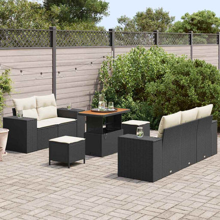 Trädgårdsoffset med kudde 8 pcs Svart och kräm Poly Rattan