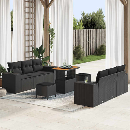 Trädgårdsoffset med kudde med lagring 9 pcs Svart Poly Rattan