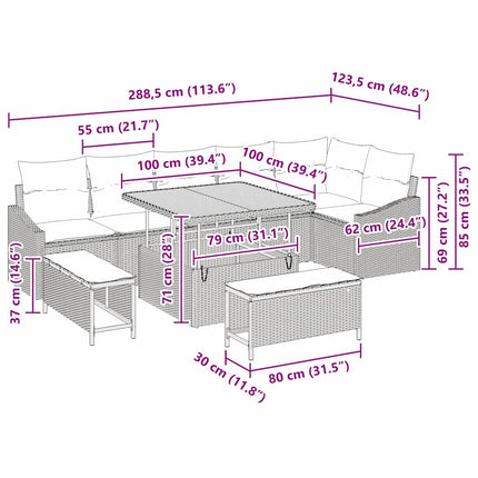 Trädgårdsoffset med kudde med lagring 9 pcs Grå Poly rattan