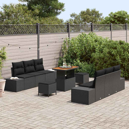 Trädgårdsoffset med kudde med lagring 9 pcs Svart Poly rattan