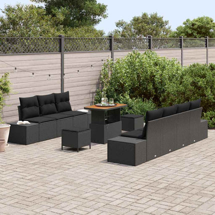Trädgårdsoffset med kudde med lagring 10 pcs Svart Poly rattan