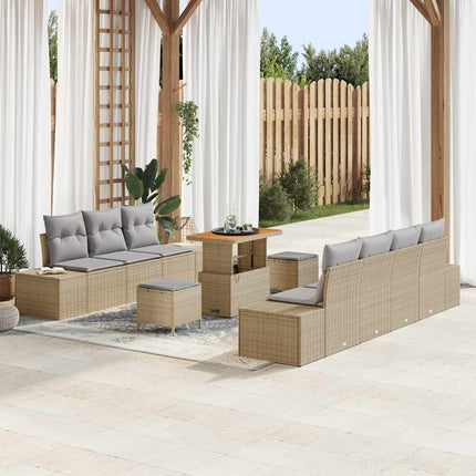 Trädgårdsoffset med kudde med lagring 10 pcs Beige Poly rattan