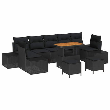 Trädgårdsoffset med kudde med lagring 10 pcs Svart Poly rattan