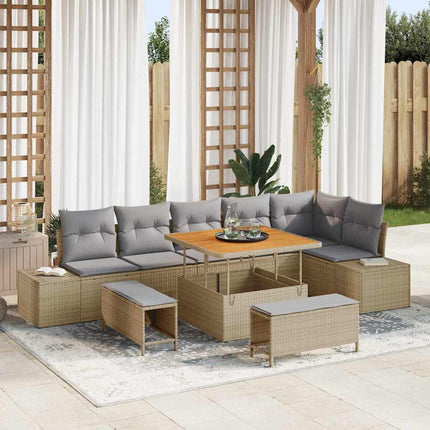 Trädgårdsoffset med kudde med lagring 9 pcs Beige Poly rattan