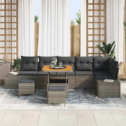 Trädgårdsoffset med kudde med lagring 9 pcs Grå Poly rattan