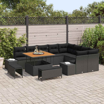 Trädgårdsoffset med kudde med lagring 12 pcs Svart Poly rattan