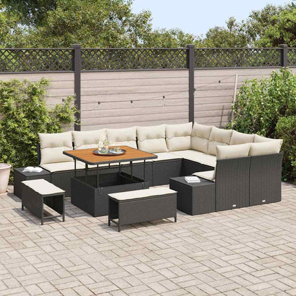 Trädgårdsoffset med kudde med lagring 12 pcs Svart Poly rattan