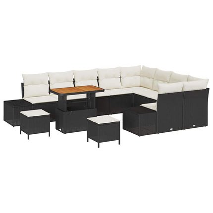 Trädgårdsoffset med kudde med lagring 12 pcs Svart Poly rattan