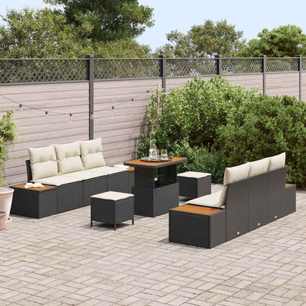Trädgårdsoffset med kudde med lagring 9 pcs Svart Poly rattan