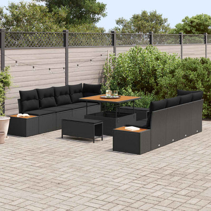 Trädgårdsoffset med kudde med lagring 11 pcs Svart Poly rattan
