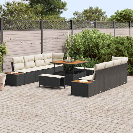 Trädgårdsoffset med kudde med lagring 11 pcs Svart Poly rattan