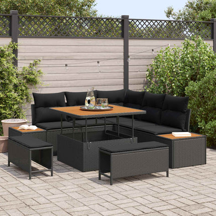 Trädgårdsoffset med kudde med lagring 8 pcs Svart Poly rattan
