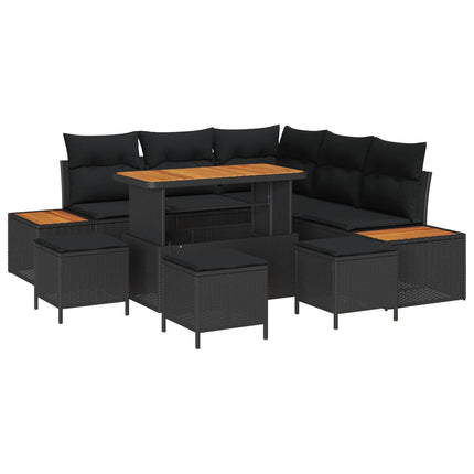 Trädgårdsoffset med kudde med lagring 9 pcs Svart Poly rattan