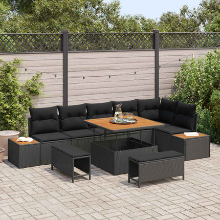 Trädgårdsoffset med kudde med lagring 9 pcs Svart Poly rattan