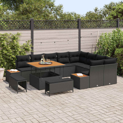 Trädgårdsoffset med kudde med lagring 12 pcs Svart Poly rattan