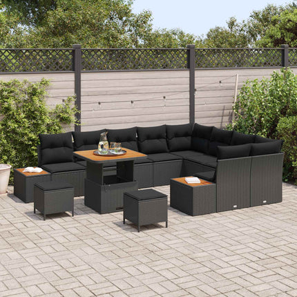 Trädgårdsoffset med kudde med lagring 12 pcs Svart Poly rattan
