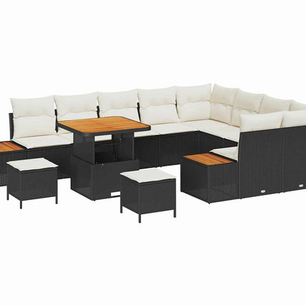Trädgårdsoffset med kudde med lagring 12 pcs Svart Poly rattan