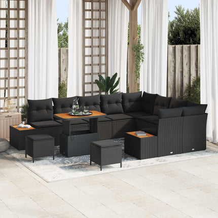 Trädgårdsoffset med kudde med lagring 12 pcs Svart Poly rattan