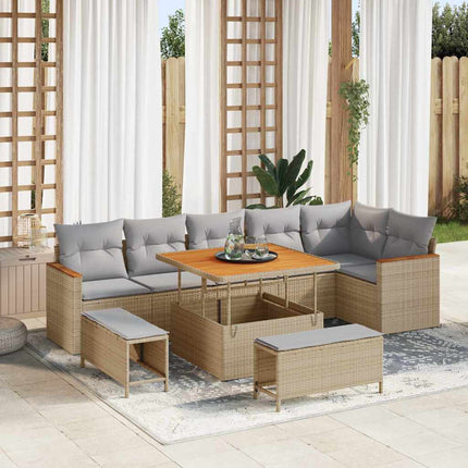 Trädgårdsoffset med kudde 9 pcs Beige Poly rattan