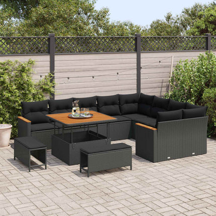 Trädgårdsoffset med kudde med lagring 12 pcs Svart Poly Rattan